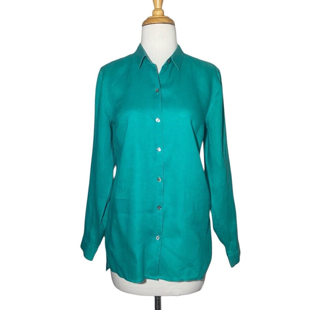 J Jill Linen Button Up Shirt Women's Size S Turquoise Long Sleeve READ